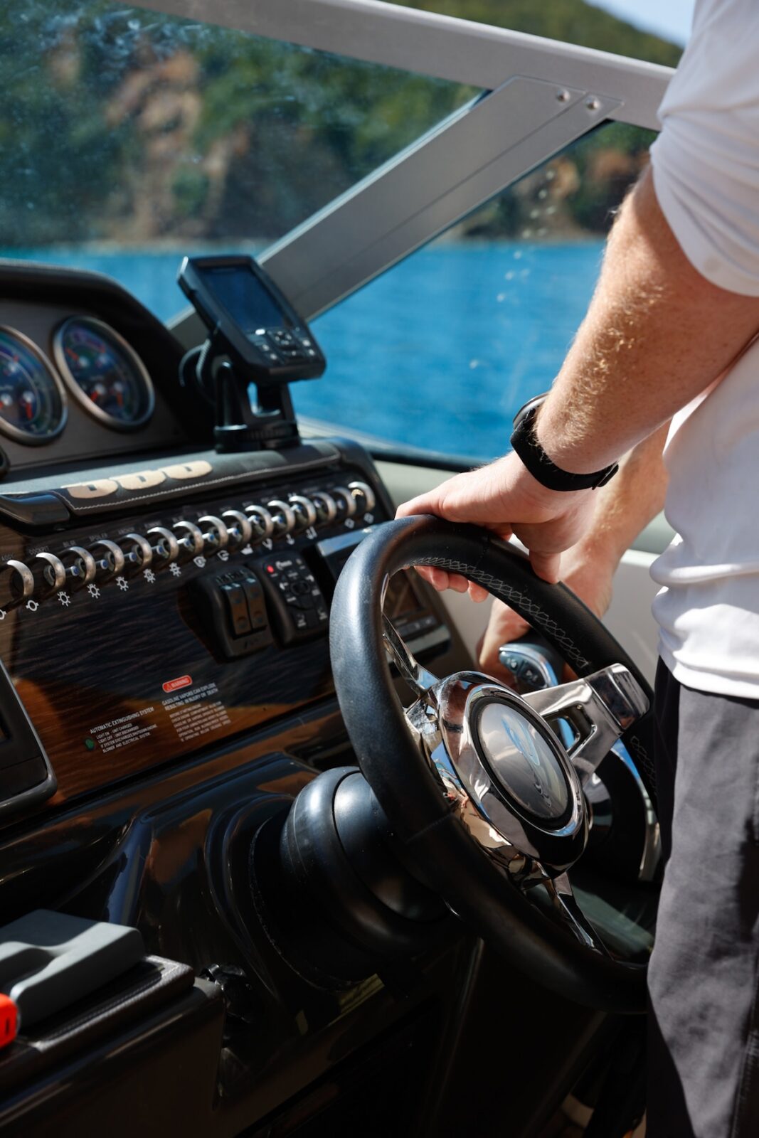 Captain steering a St. Thomas Charter Boats charter.